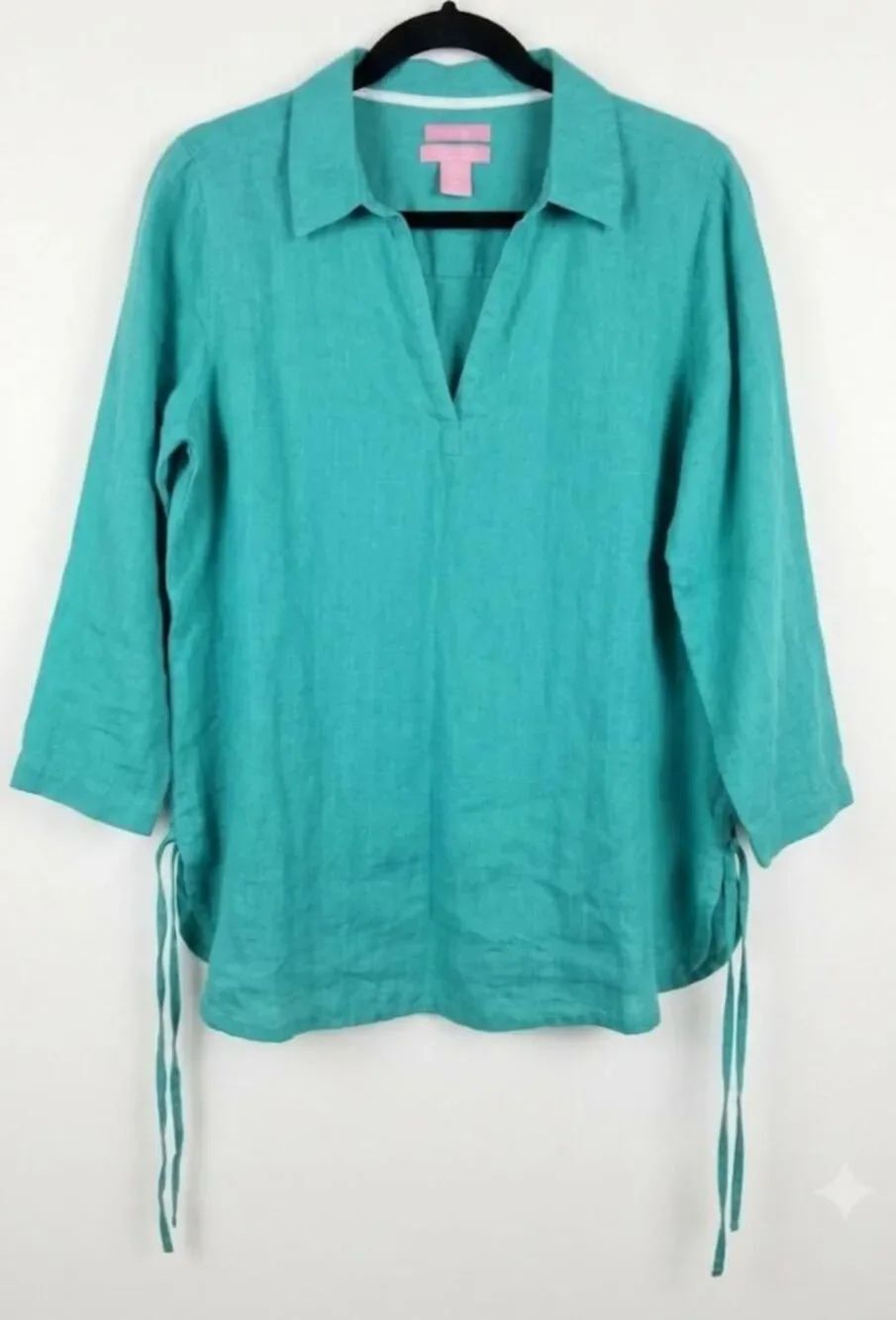 Isaac mizrahi womens medium 100% linen shirt teal green popover top